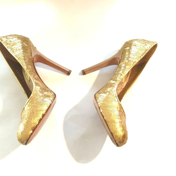 CHANEL Quilted Sequin Satin round toe gold celebrity heels size 6.5 - Picture 9 of 16